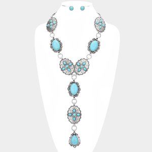 NEW Turquoise Natural Stone Squash Blossom Statement Necklace